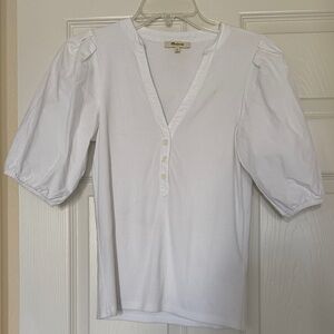 Madewell White Puff Sleeve Henley Knit Top Size S EUC